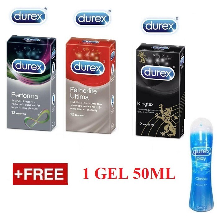 [DEAL HOT]COMBO 3 BCS Kéo Dài ThờI Gian Durex Perfoma, Fetherlie Ultima, Kingtex  48 Cái TẶNG 1 Gel Classic 50ML