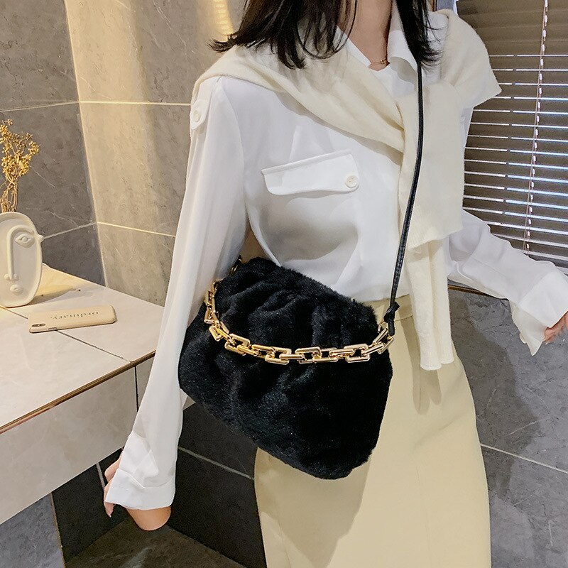 Túi Xách JASMIN NOIR Cỡ Nhỏ Hình Đám Mây Phối Lông Và Dây Xích Thời Trang Cho Nữ