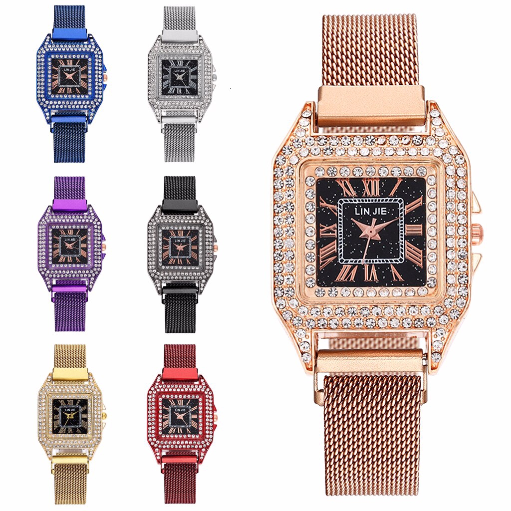 Đồng hồ đeo tay mặt vuông phối khóa nam châm bằng thép không gỉ