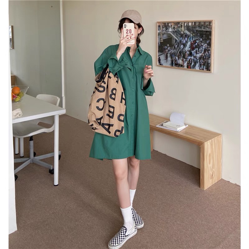 𝗺𝗶𝗲 𝘀𝘁𝘂𝗱𝗶𝗼 - SẴN Đầm sơ mi dáng rộng thiết kế đơn giản