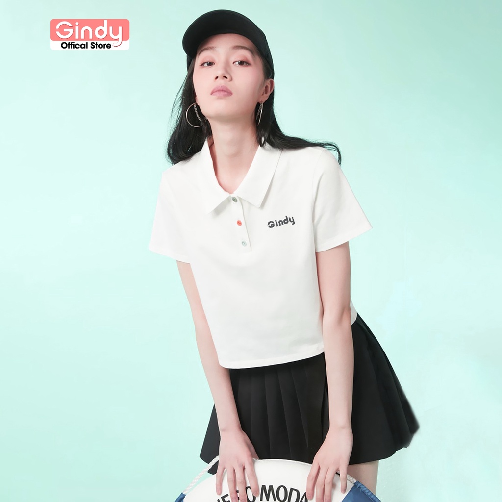 Áo thun phông nữ polo GINDY cúc màu sắc 3 màu cổ bẻ cotton tay lỡ basic dáng lửng unisex vải cotton thoáng mát A8110