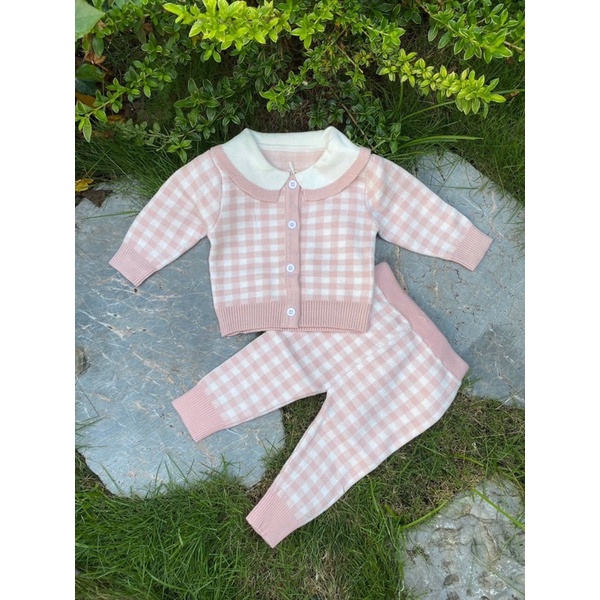 Bộ Len Bé Gái Cài Khuy, Bộ Len Kẻ Caro Cho Bé Gái size 60-90