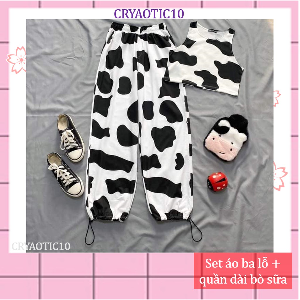 Set áo croptop ba lỗ bò sữa + quần dài loang màu cryaotic10