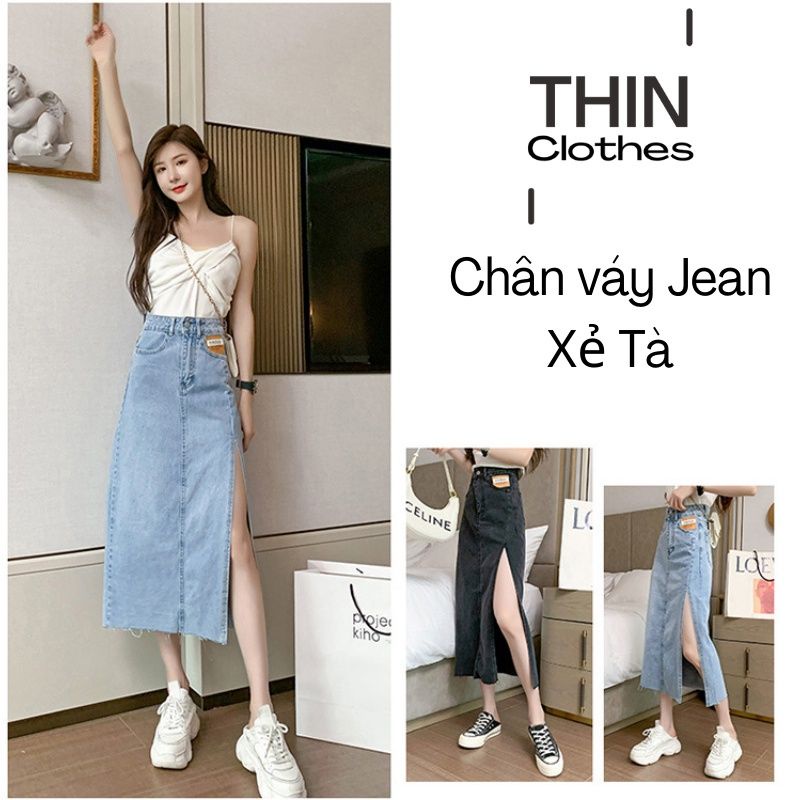 Chân váy bò xẻ tà dáng dài chân váy jean