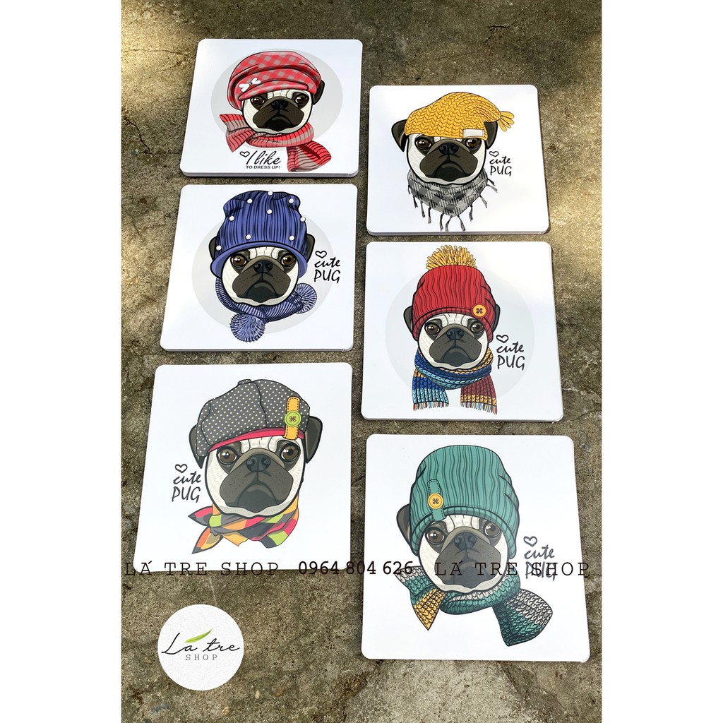 BỘ TRANH 3D Chó Pug decor dán tường - Set 4 và 6 tranh 2029