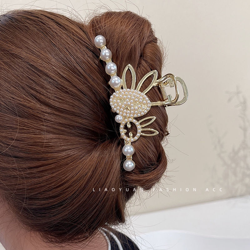 Kẹp Tóc Đuôi Ngựa Đính Ngọc Trai Và Thỏ Dễ Thương Phong Cách Hàn Quốc Chất Lượng Cao