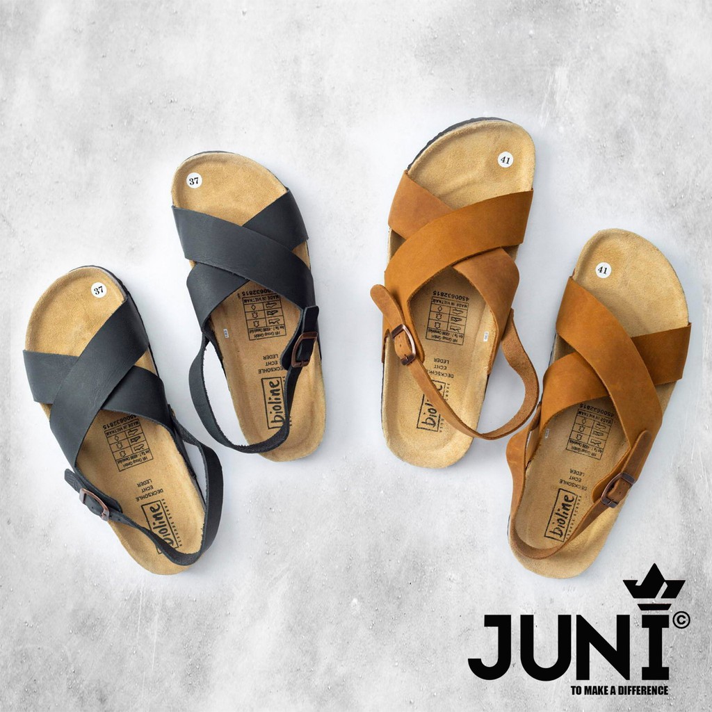 [DA BÒ THẬT] D11-Dép Sandal da bò quai chéo Birken Bioline Unisex (Đế trấu) – Juni Store
