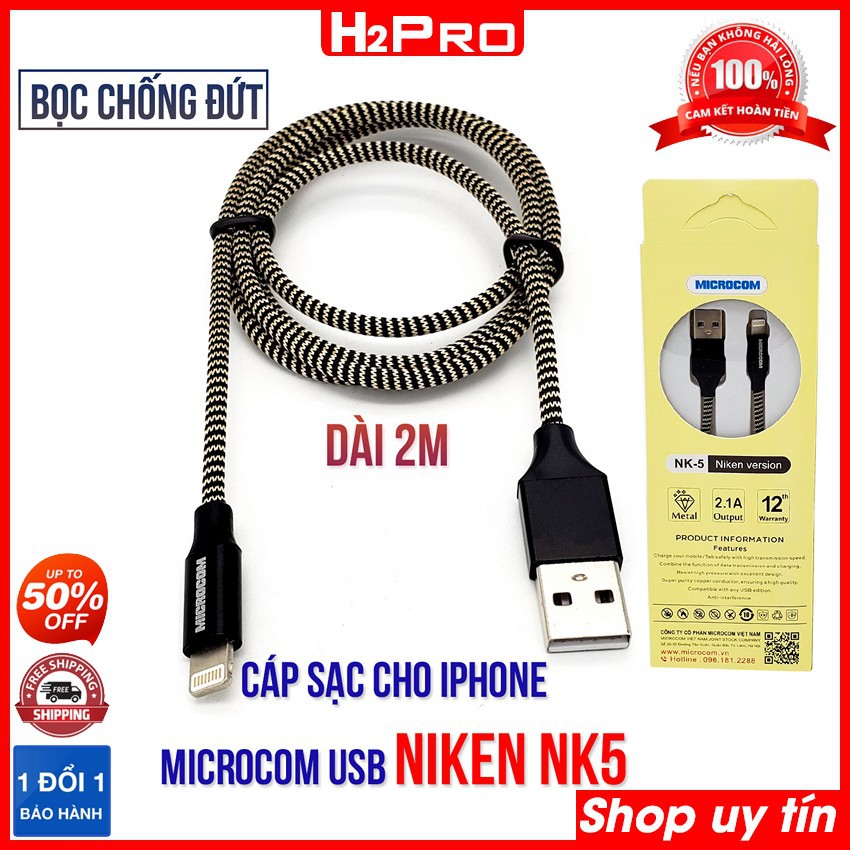 Dây sạc Iphone Microcom USB Data Cable NIKEN NK5 H2Pro, Cáp sạc bọc dù chống đứt dài 1m hoặc 2m