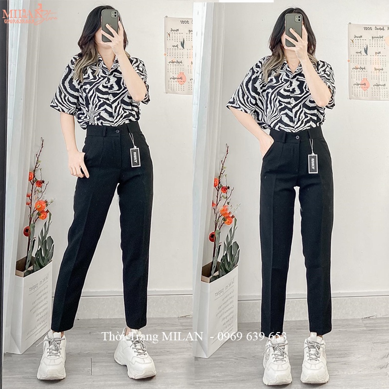Quần tây nữ lưng cao đi học làm công sở màu Đen Xanh ống đứng dáng dài - Quần baggy vải cạp cao nữ học sinh viên đi làm