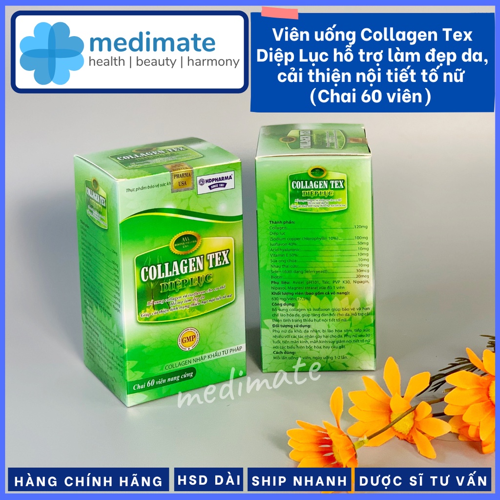 Viên uống Collagen TEX Diệp lục giúp làm đẹp da, làm chậm lão hóa, cải thiện nội tiết tố nữ (Chai 60 viên)