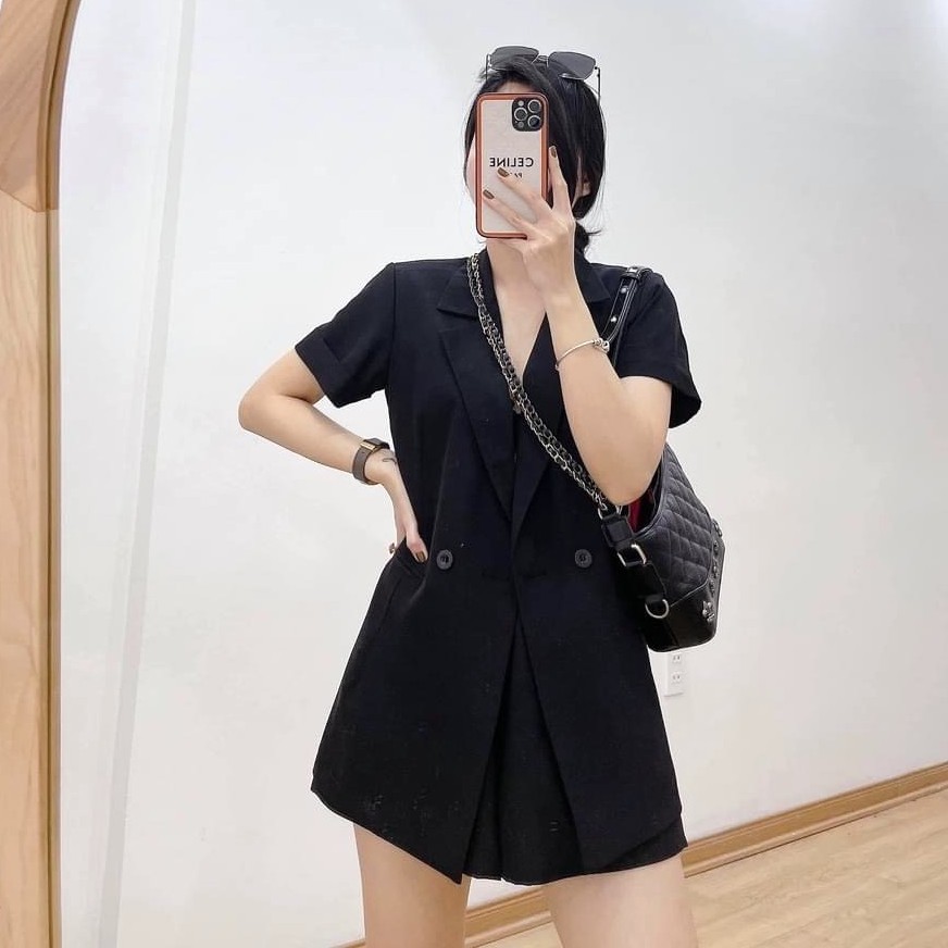 Bộ áo khoác vest kèm quần short ống rộng nữ - Set trang phục thiết kế công sở, blazer 2 khuy ngang dáng dài SIÊU ĐẸP