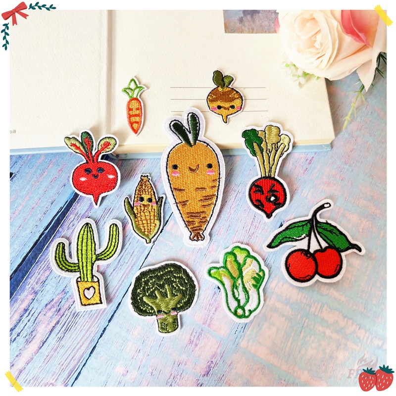 ♚ Miếng Dán Ủi Hình Củ Cải / Cà Rốt / Rau Củ / Cải Bắp / Cây Xương Rồng / Cherry - Rau Củ ♚ 1 Sticker Ủi Thêu Hình Cây Cối