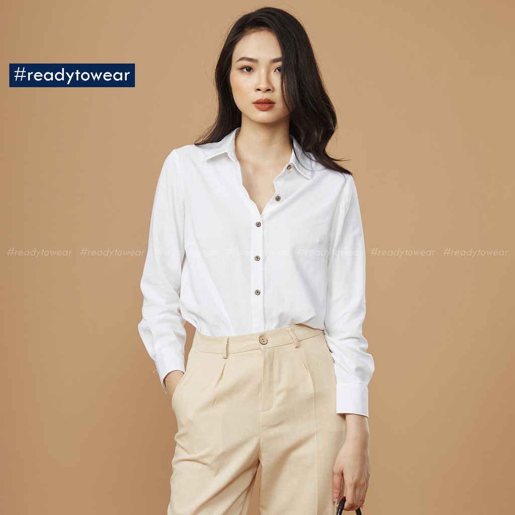 Sơ mi trắng nữ tay dài cổ Đức, đi làm đi chơi, vải đũi - linen shirt SM01