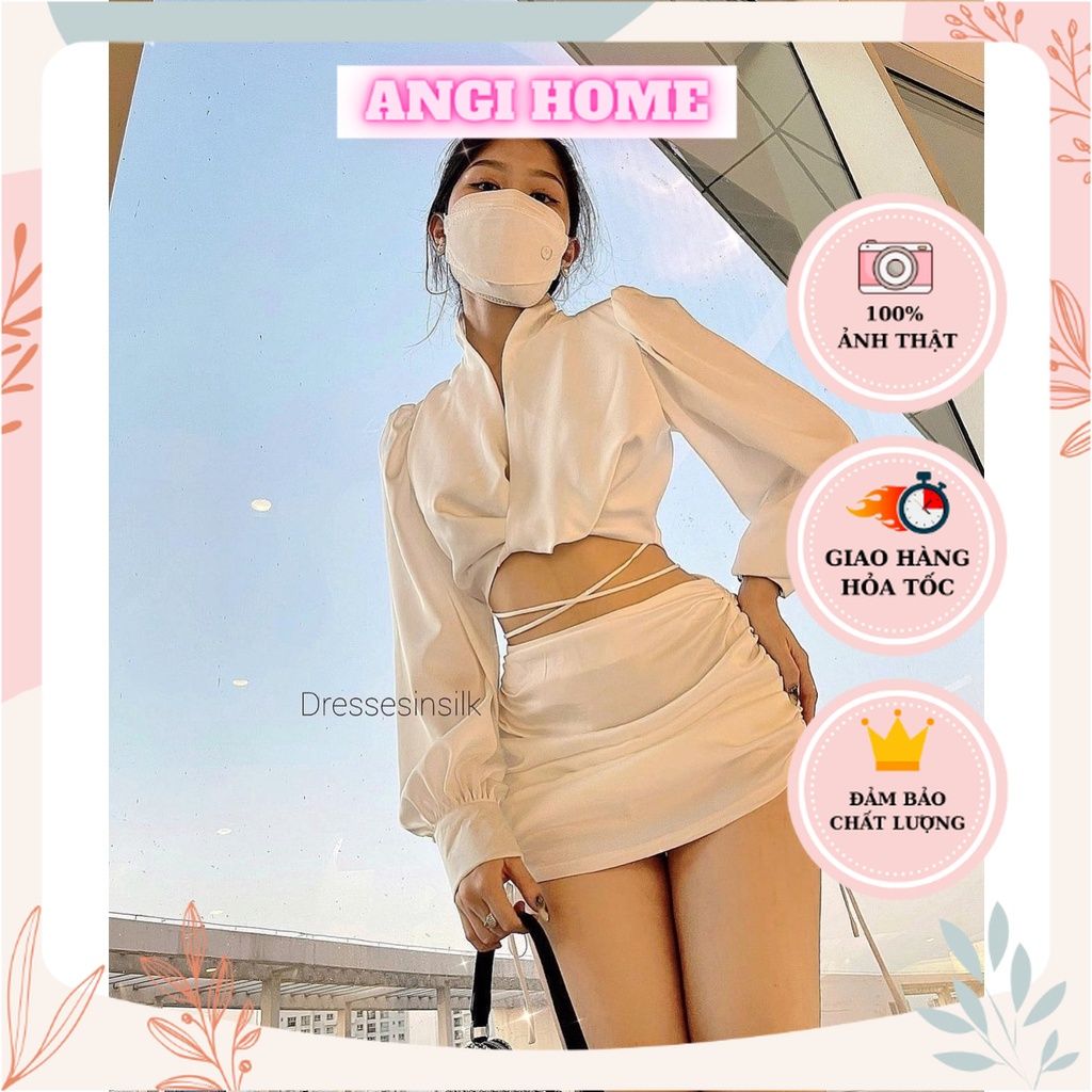 SET ÁO CROPTOP TRẮNG ĐAN DÂY EO + CHÂN VÁY RÚT ANGI HOME
