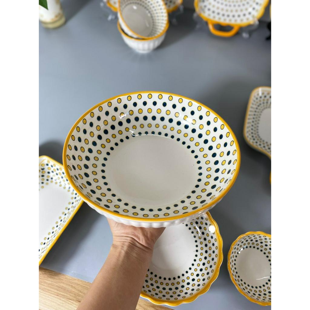 Bộ Bát Đĩa Họa Tiết Thổ Cẩm Chấm Bi Thương Hiệu Gosu, Men Sáng Đẹp Loại 1