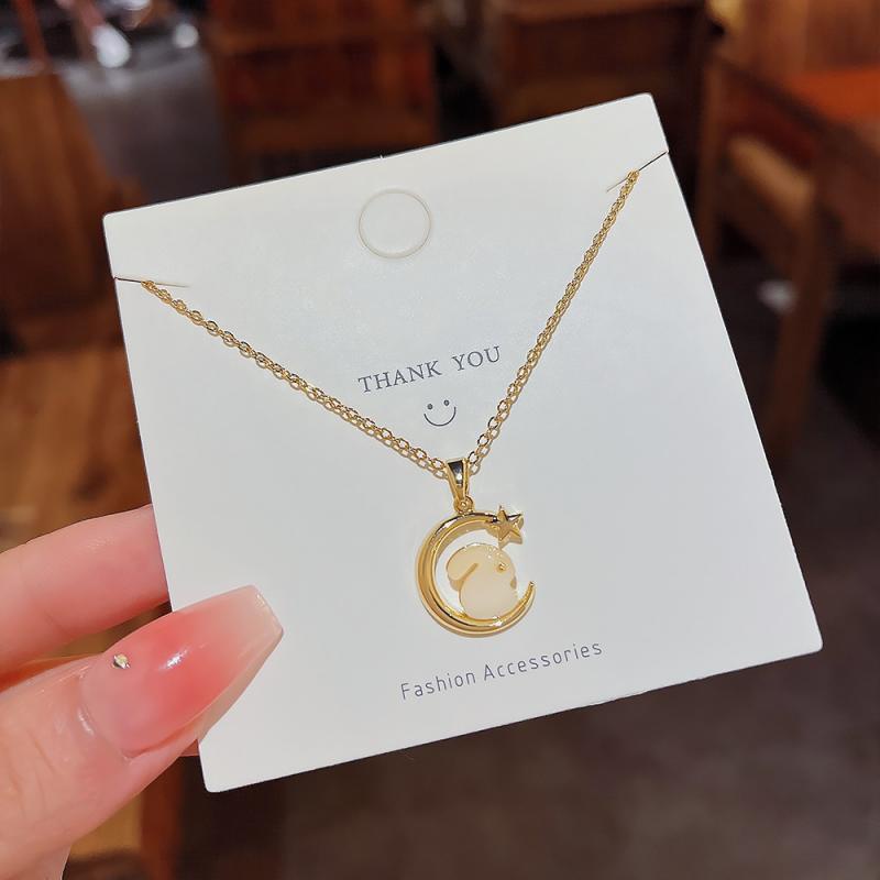 XiaoboACC Vòng cổ Thép Titan Mặt Hình Thỏ Và Mặt Trăng Phong Cách Trung Quốc - 40CM + 6CM