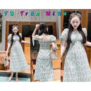 Đầm midi hoa lá cột cổ yếm tay bồng nơ