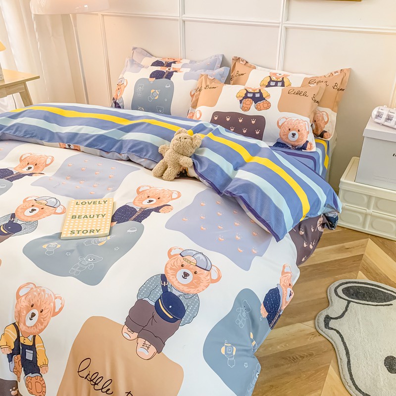 Bộ vỏ chăn ga gối cotton poly - Mẫu little bear ga kẻ.