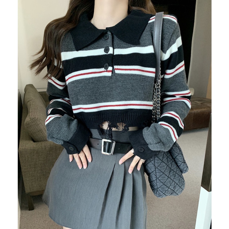 Áo Sweater Cổ polo Tay Dài Họa Tiết Kẻ Sọc Màu Sắc Tương Phản Thời Trang Mùa Thu Dễ Phối Đồ Cho