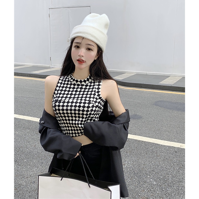 QKOOLE  Áo Croptop Sát Nách Hoạ Tiết Kẻ Caro Phong Cách Hàn Quốc Quyến Rũ