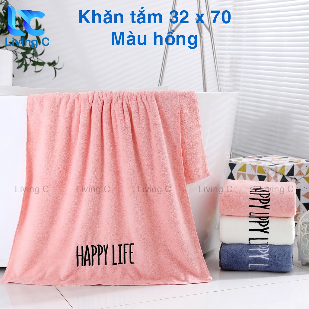 Khăn lau mặt lông cừu Living C, Khăn lông cừu vải mềm dày dặn thấm hút tốt in chữ Happy Life _KHL