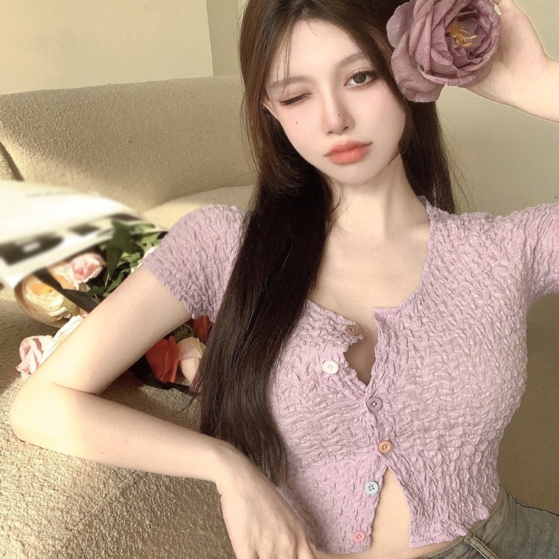 Áo Croptop Cổ Vuông Tay Ngắn Màu Sắc Đơn Giản Phong Cách Hàn Quốc Cho Nữ