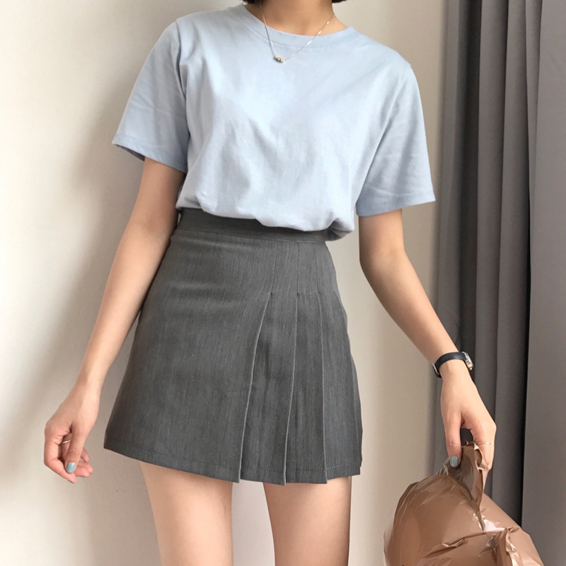 Xiaozhainv Chân Váy Chữ A Xếp Ly Màu Xám Phong Cách Ulzzang Hàn Quốc Cho Nữ