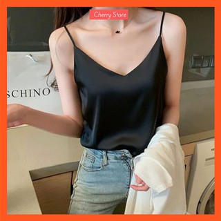 Áo 2 dây vải lụa hàn cao cấp, áo hai dây lụa vintage cherry store