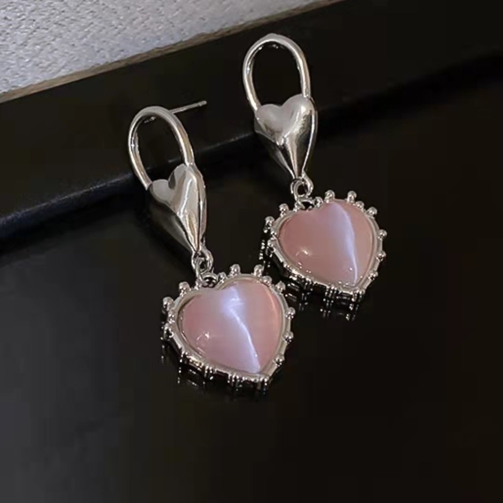 Bông Tai Mạ Bạc 925 Hình Trái Tim Đính Đá Opal Hồng Dễ Thương Cho Nữ