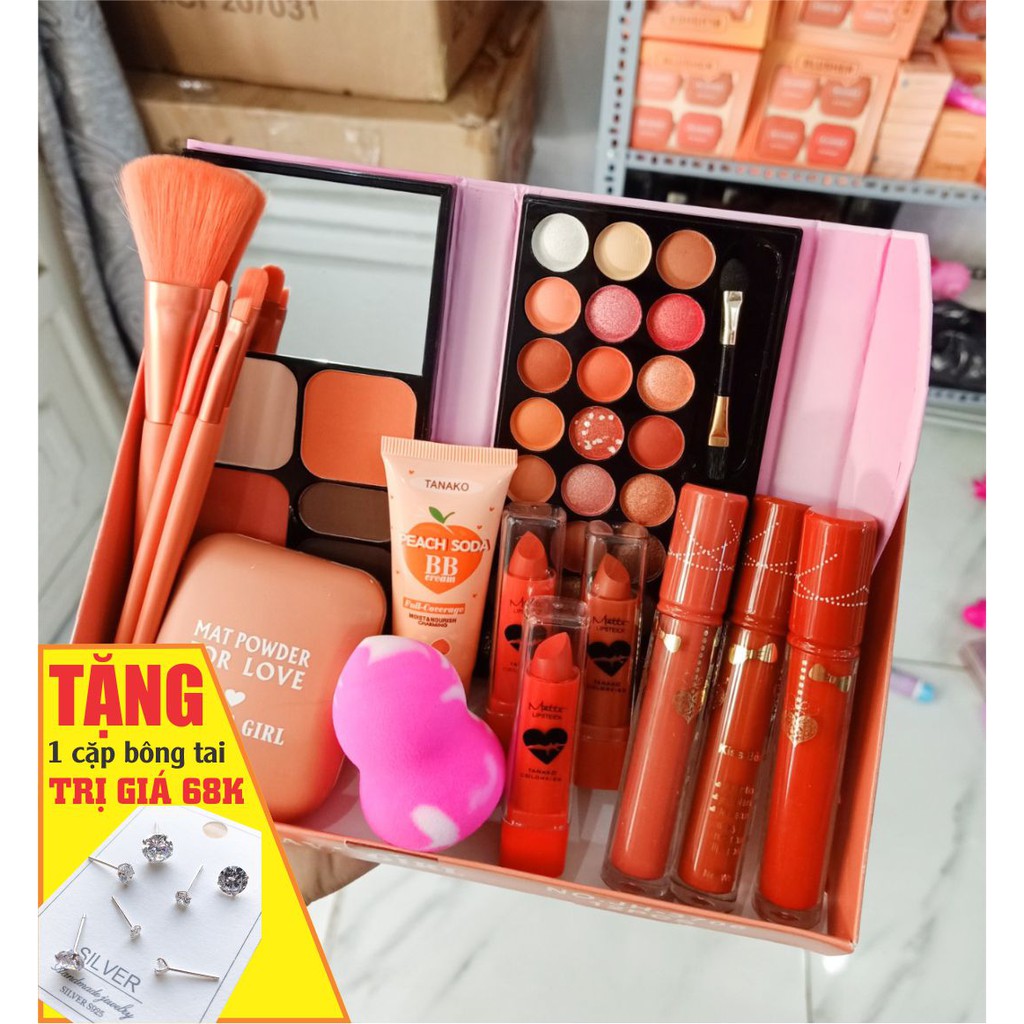 Trọn bộ mỹ phẩm đầy đủ son + phấn mắt + kem nền + phấn phủ + cọ đẹp
