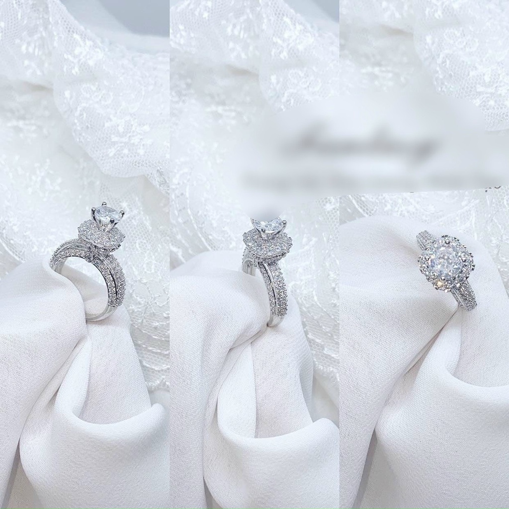 Nhẫn đính hôn nữ thiết kế tinh xảo màu vàng kim/bạc/vàng hồng đính 7 đá kim cương nhỏ thời trang - Trang Sức Queen
