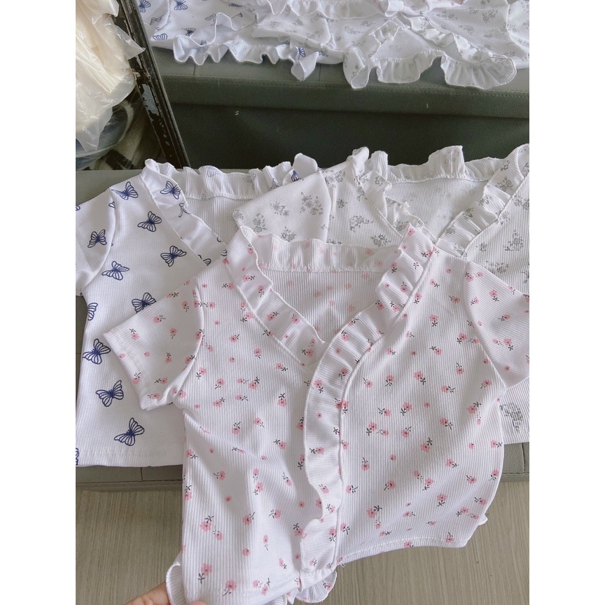 Áo croptop ôm - áo Crt tay ngắn họa tiết hoa nhí phối bèo dễ thương - AO02