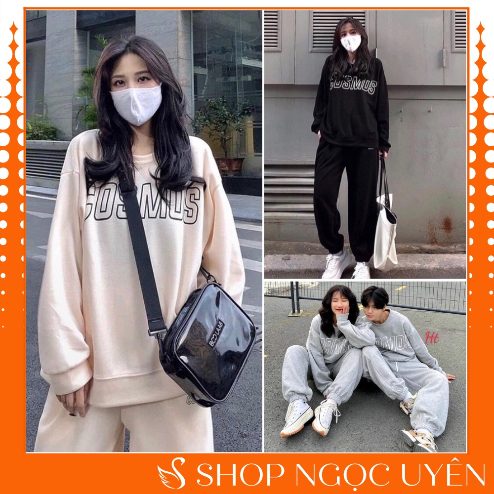 Bộ nỉ bông nữ Cosmos - Set bộ nỉ Thu Đông Nam Nữ from rộng unisex tay bồng in chữ kèm quần ống bom đủ màu