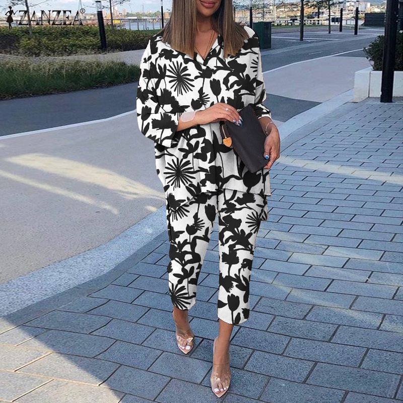 Zanzea Set Áo Thun Tay Lỡ Form Rộng Kèm Quần Dài Lưng Thun Thời Trang Nữ