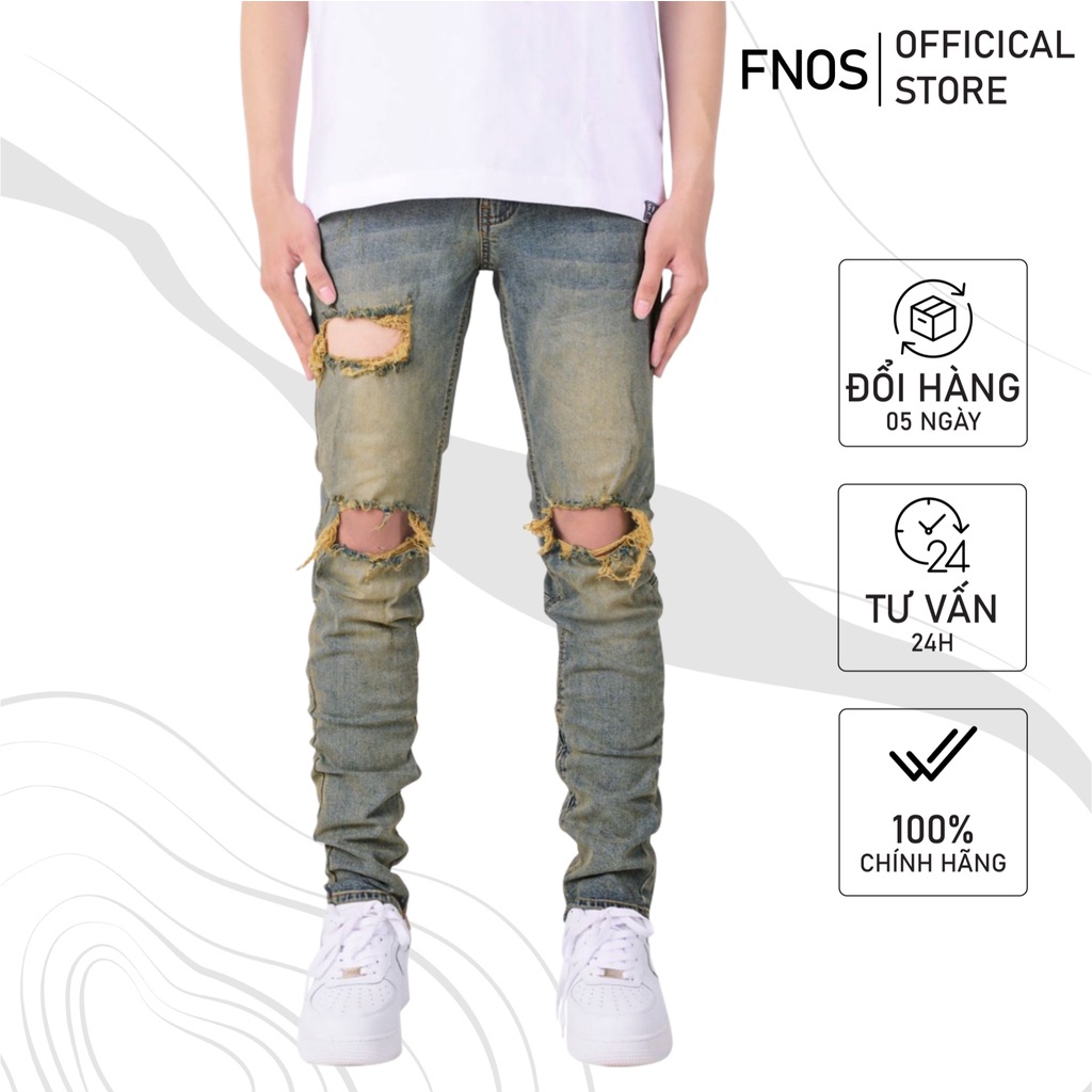 Quần jean nam streetwear cao cấp FNOS NZ10 màu xanh rách gối form slimfit jean thun co giãn !