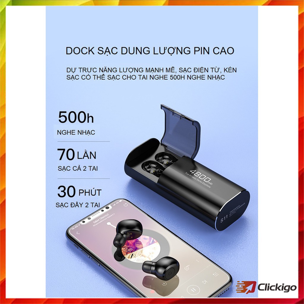 Tai nghe bluetooth S11 cao cấp chống nước kiêm đốc sạc 4800mah làm sạc dự phòng tiện lợi