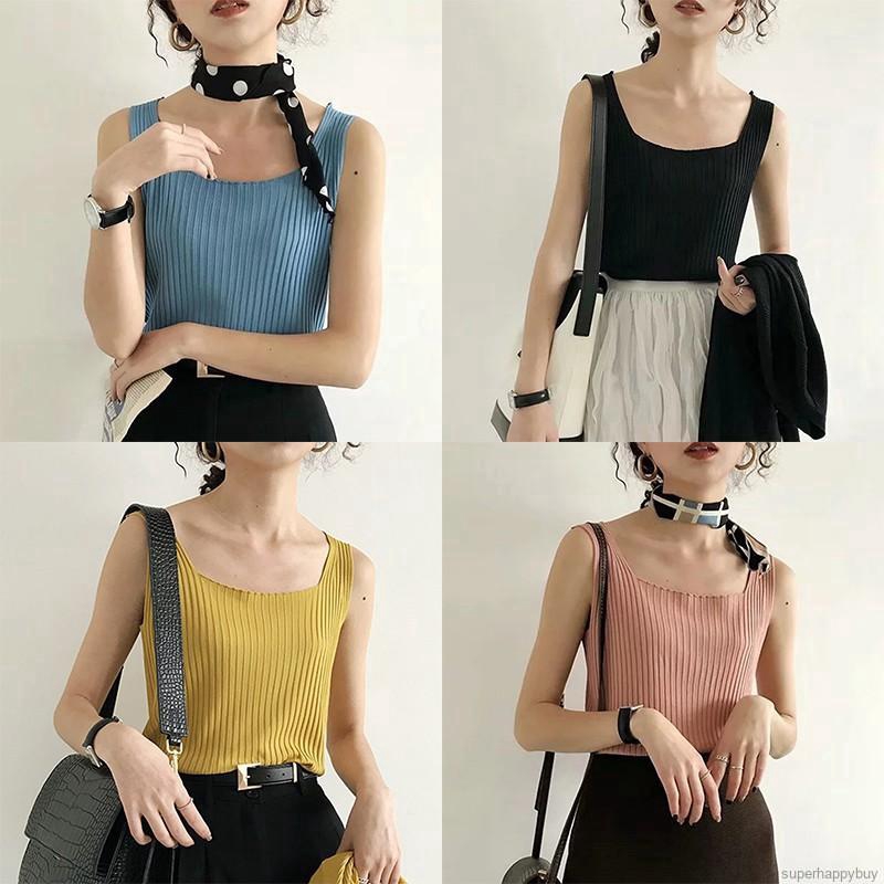 Áo Croptop Dệt Kim Nữ Cổ Vuông Màu Trơn Gợi Cảm