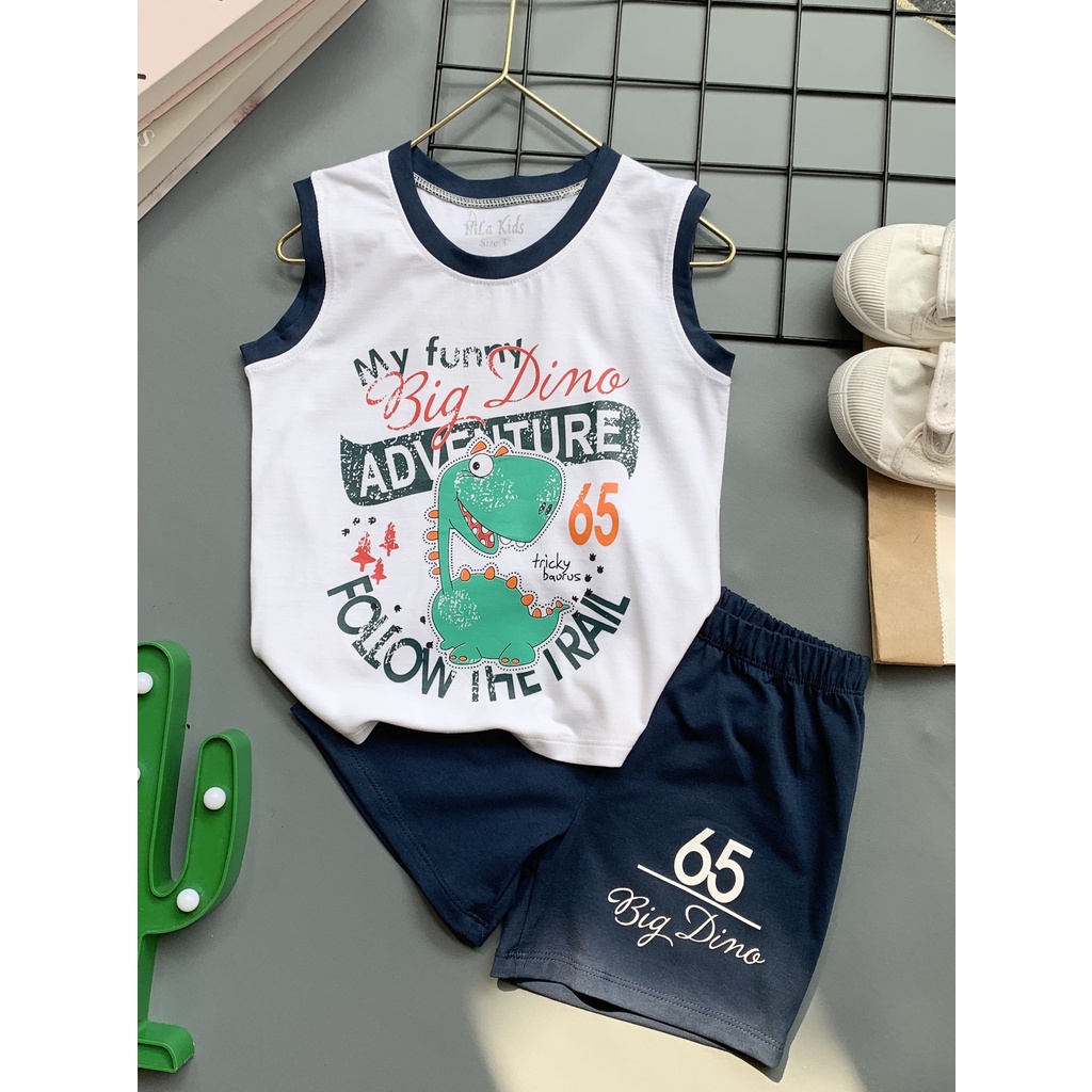 Đồ bộ bộ quần áo ba lỗ bé trai in hình khủng long chất liệu thun cotton 100% co giản 4 chiều cho bé từ 11-36kg