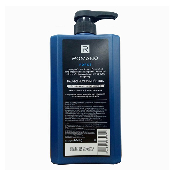 Combo Romano Force: 1 chai Dầu Gội 650g + 1 chai Sữa tắm 650g