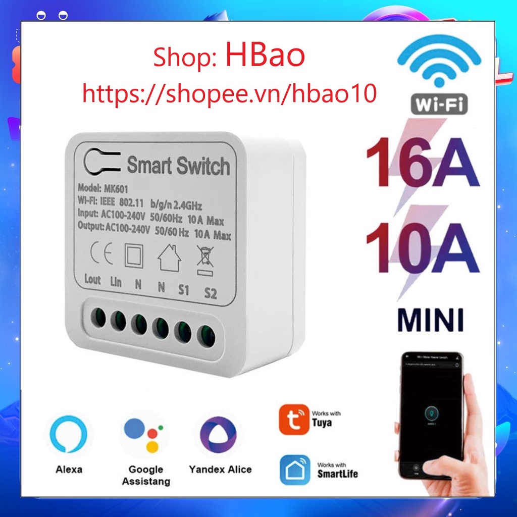 Bộ Công tắc Tuya thông minh wifi 10A 16A 220v điều khiển từ xa bằng tiếng nói qua APP Tuya SmartLife