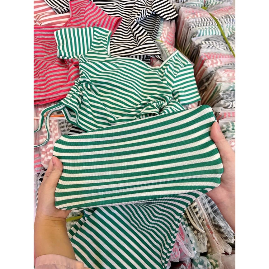 Đồ bộ nữ, set đồ bộ quần ống loe đai cao và áo ôm ngắn tay rút dây cổ vuông vải thun cotton gân borip dầy dặn