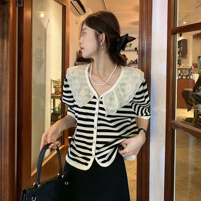 Áo Thun Ngắn Tay Cổ Búp Bê Phối Lưới Kẻ Sọc Phong Cách Hàn Quốc Cổ Điển Thời Trang Cho Nữ