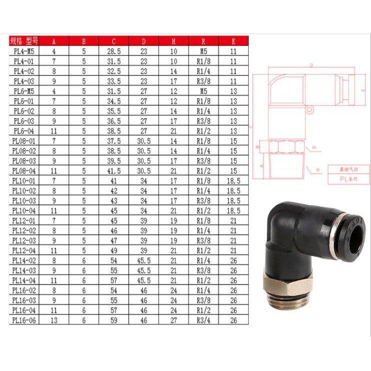 Đầu nối nhanh góc L PL08-01, PL12-01, PL12-02 , PL12-03