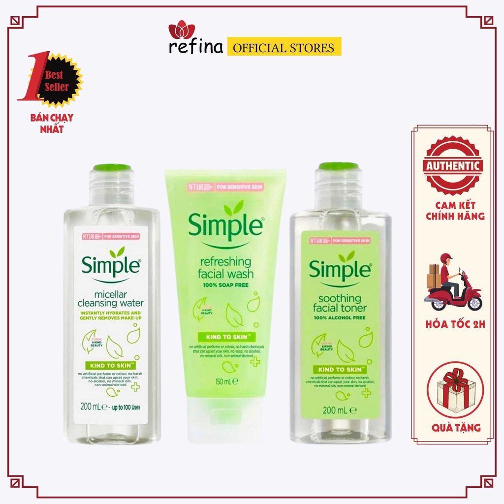 Combo Simple 3 Món Nước Tẩy trang Sữa Rữa Mặt Nước Hoa Hồng Chính Hãng