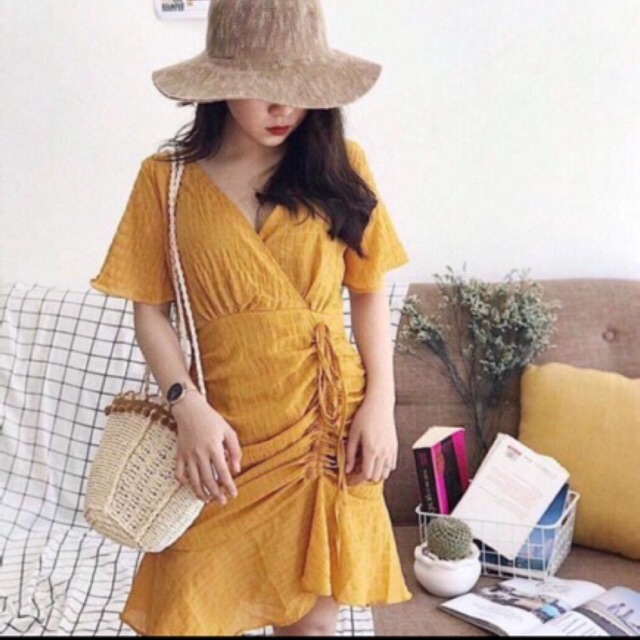 (Ảnh thật)Đầm xòe nhún xốp vàng rút hông eo sexy vải đẹp