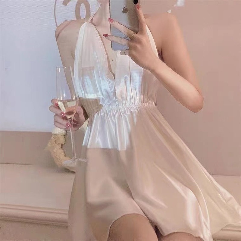 Đầm Ngủ Hai Dây Cổ Chữ V Vải Lụa Kem Màu Kem Trơn Gợi Cảm Phong Cách Pháp Gợi Cảm