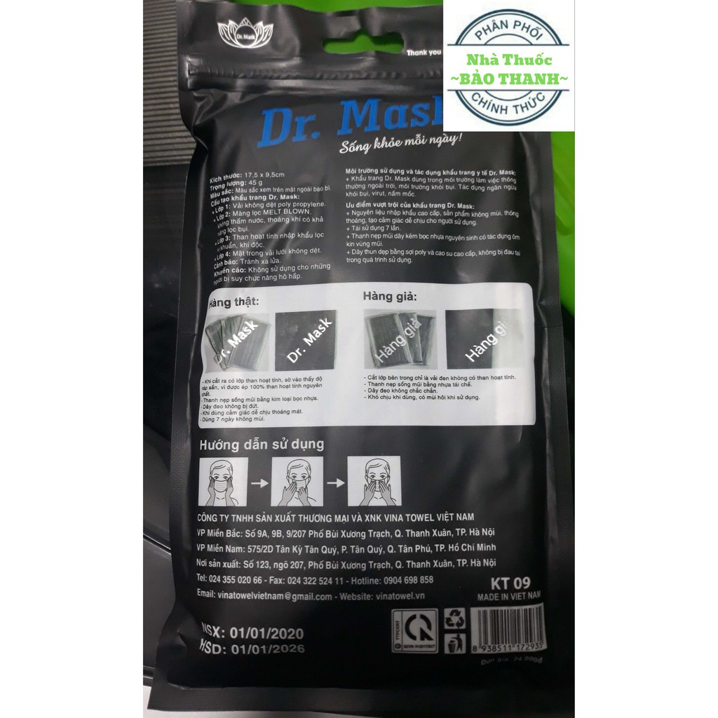 khẩu trang 4 LỚP THAN HOẠT TÍNH DR MASK ( 1 túi có 10 chiếc - 1 CHIẾC TÁI SỬ DỤNG ĐƯỢC 7 LẦN ) | BigBuy360 - bigbuy360.vn