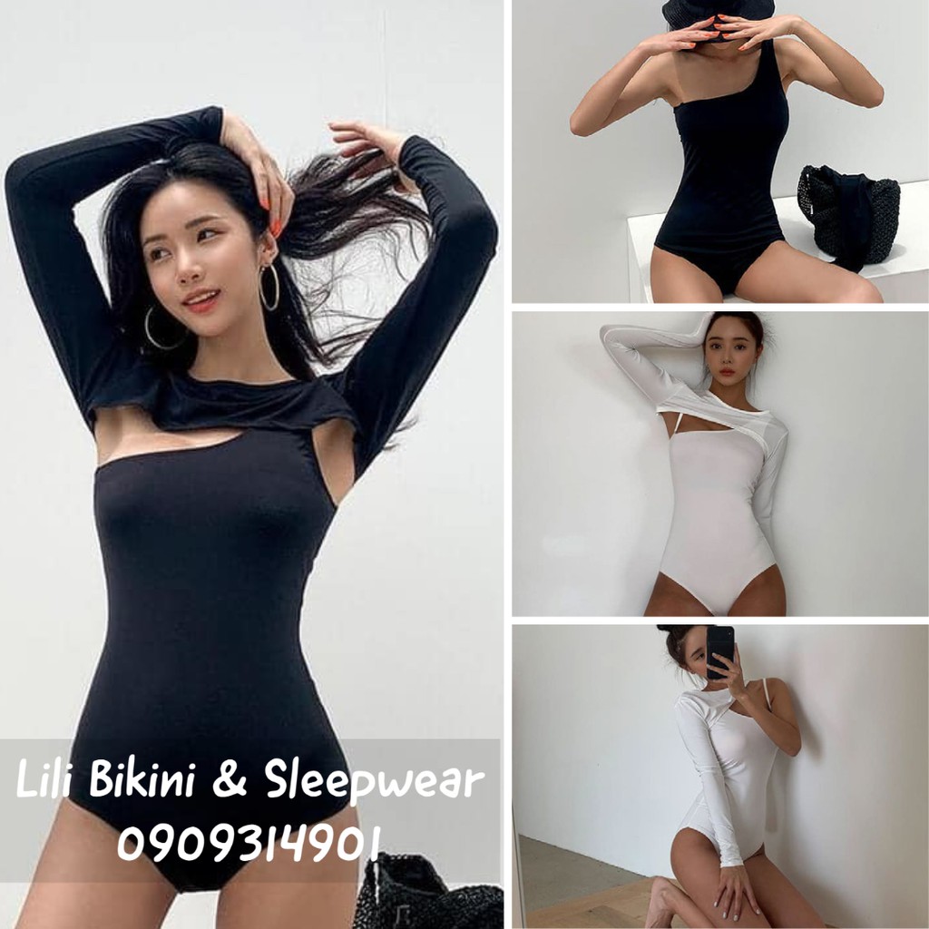 (Mẫu mới 2021) Bikini đen, trắng một mảnh hở, chéo vai tặng kèm áo tay dài che nắng kiểu độc lạ vải cao cấp hàn quốc