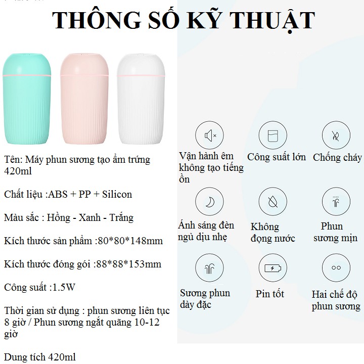 Máy xông tinh dầu phun sương tạo ẩm không khí có đèn led dùng làm đèn phòng ngủ dung tích 420ml