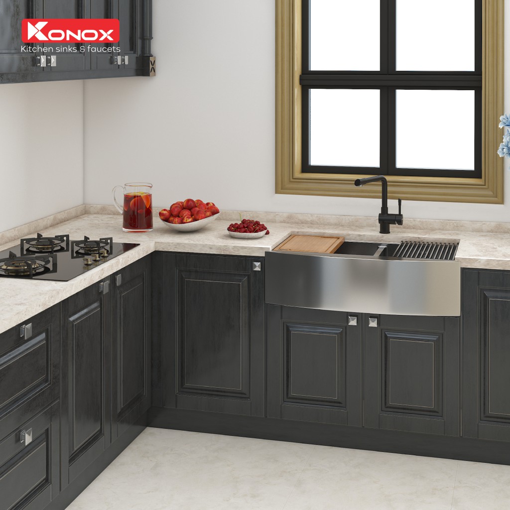 Vòi rửa bát xoay 360 độ KONOX Felix Grey, bề mặt xử lý mạ PVD Granite, lõi hợp kim đồng 61% tiêu chuẩn Châu Âu CW617N